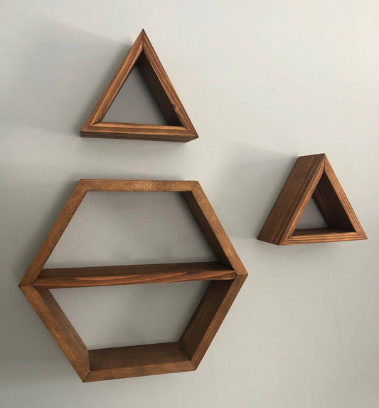 Hexagon Honeycomb Triangle Diamond 3 piece Wood wall shelf